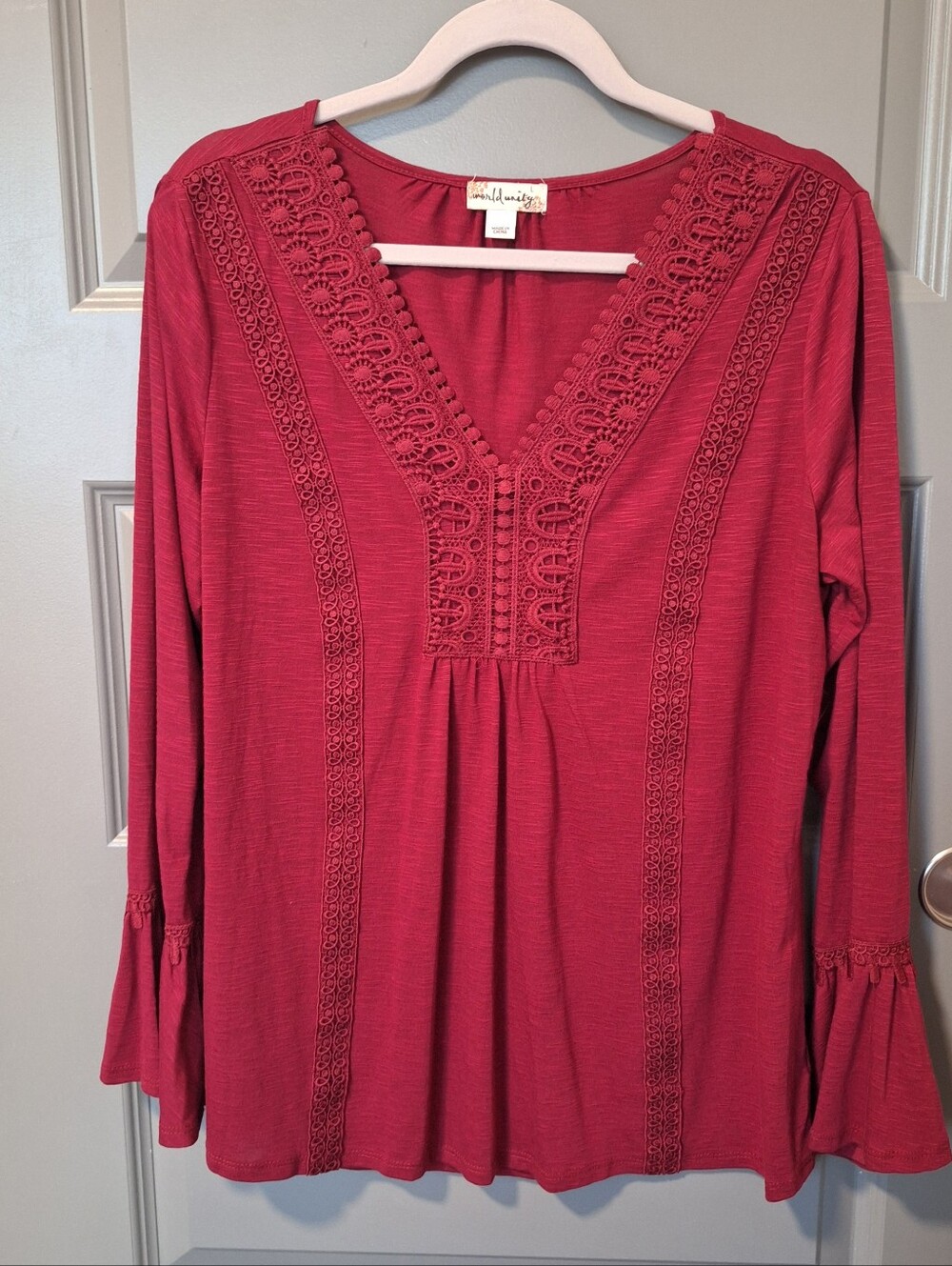 World Unity Red Bell Sleeve V-Neck Top